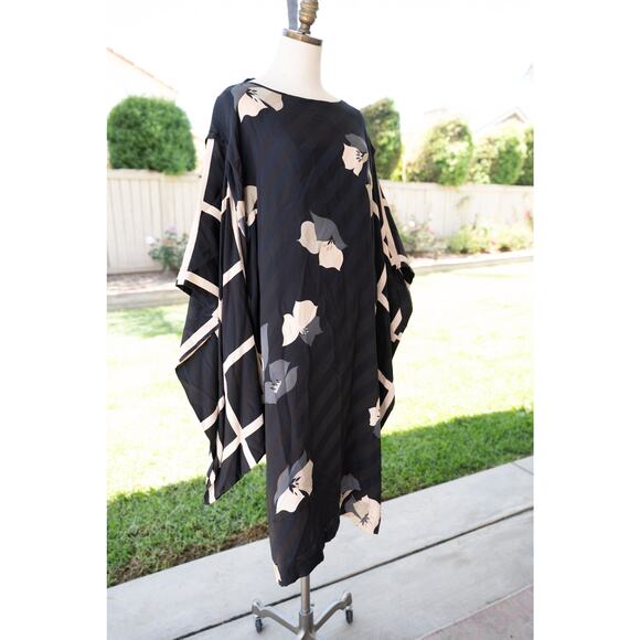 100% Vintage Mod Kaftan Dress Long Sleeve Black Floral Flowy - Picture 6 of 9